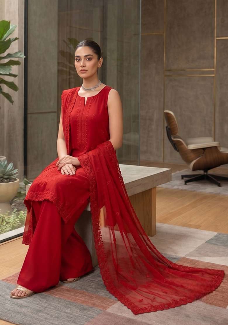 Red Embroidery Georgette Sharara Set - Indya
