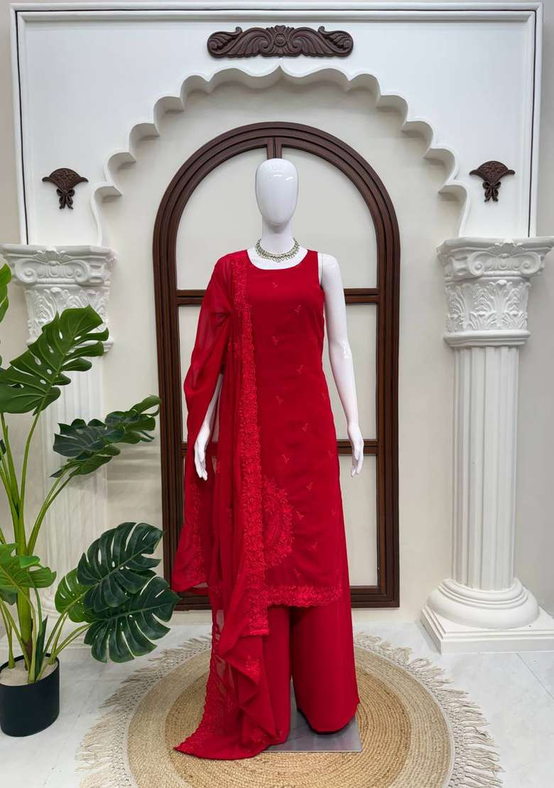 Red Embroidery Georgette Sharara Set - Indya
