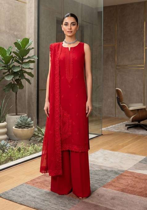 Red Embroidery Georgette Sharara Set