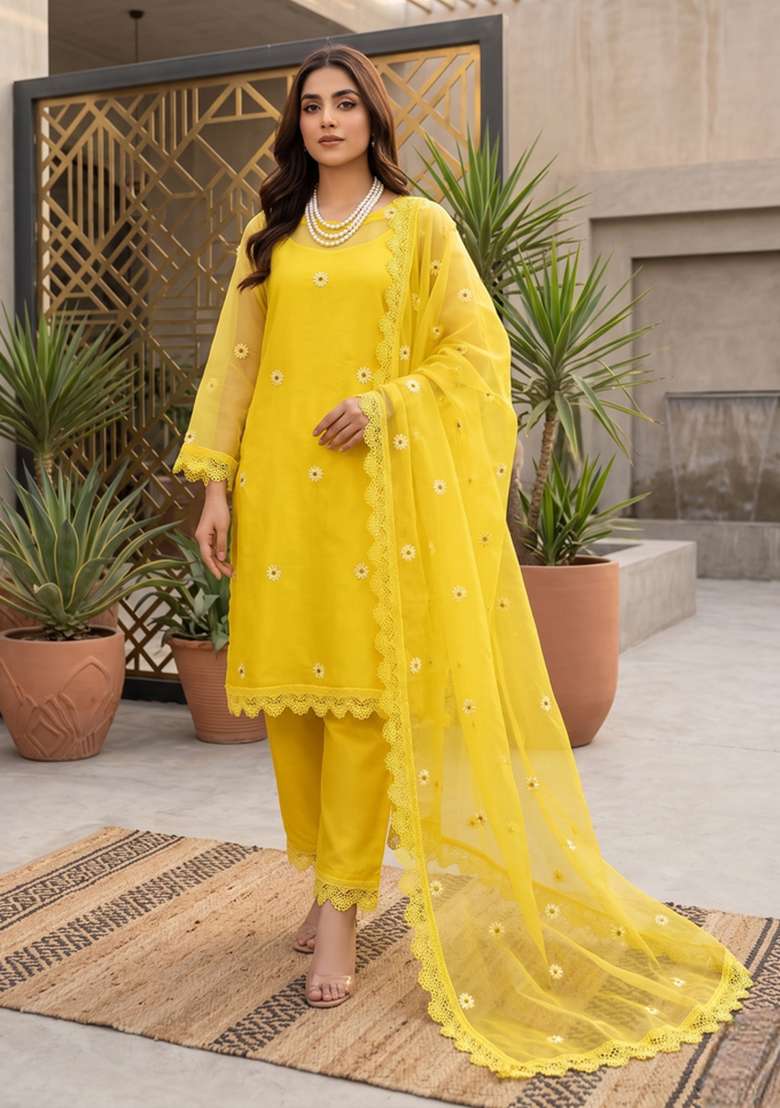 Yellow Embroidery Organza Sharara Set - Indya