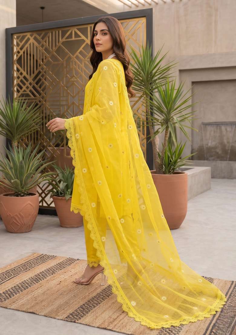 Yellow Embroidery Organza Sharara Set - Indya