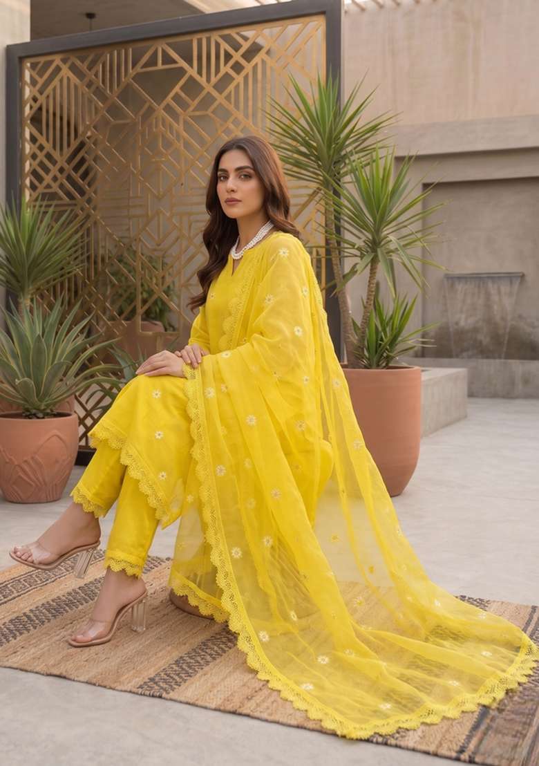 Yellow Embroidery Organza Sharara Set - Indya