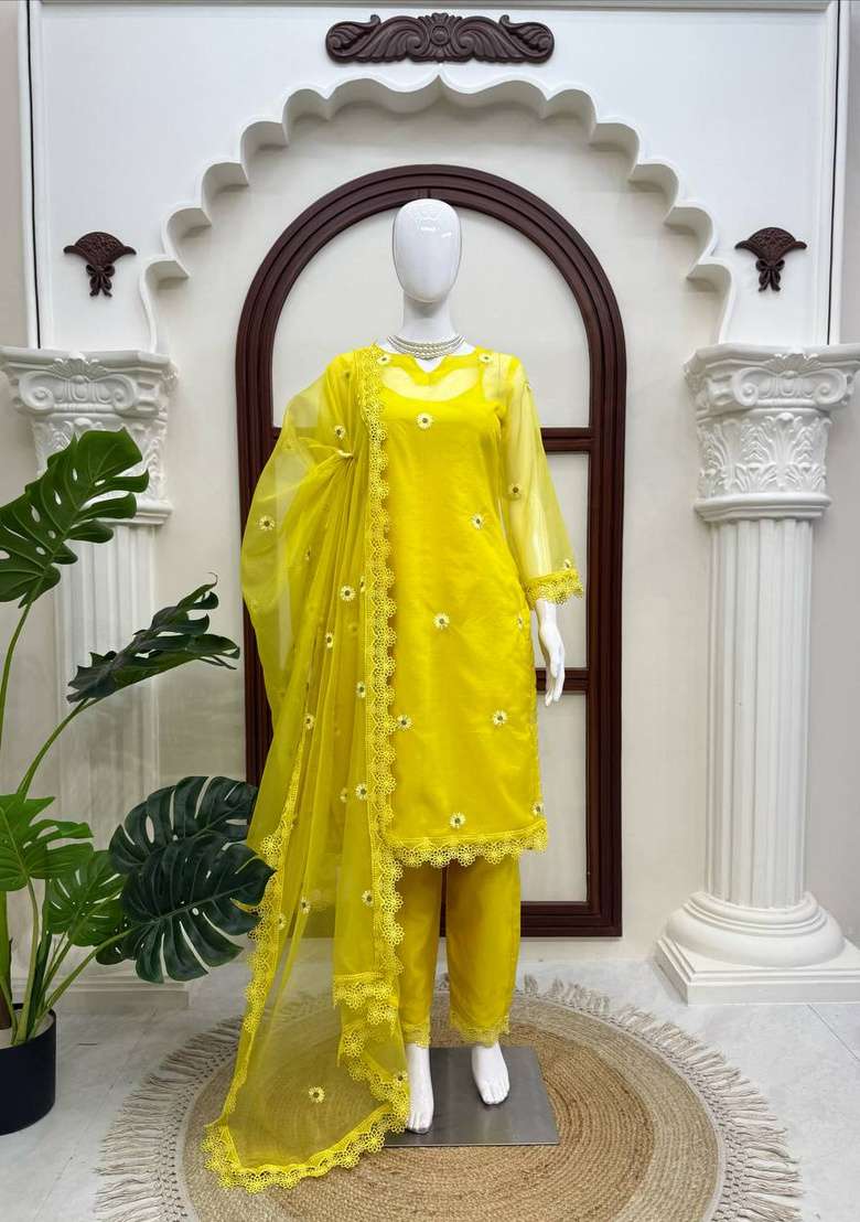Yellow Embroidery Organza Sharara Set - Indya