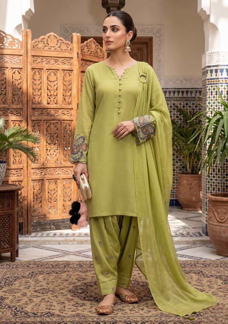 Light Olive Embroidery Cotton Sharara Set - Indya