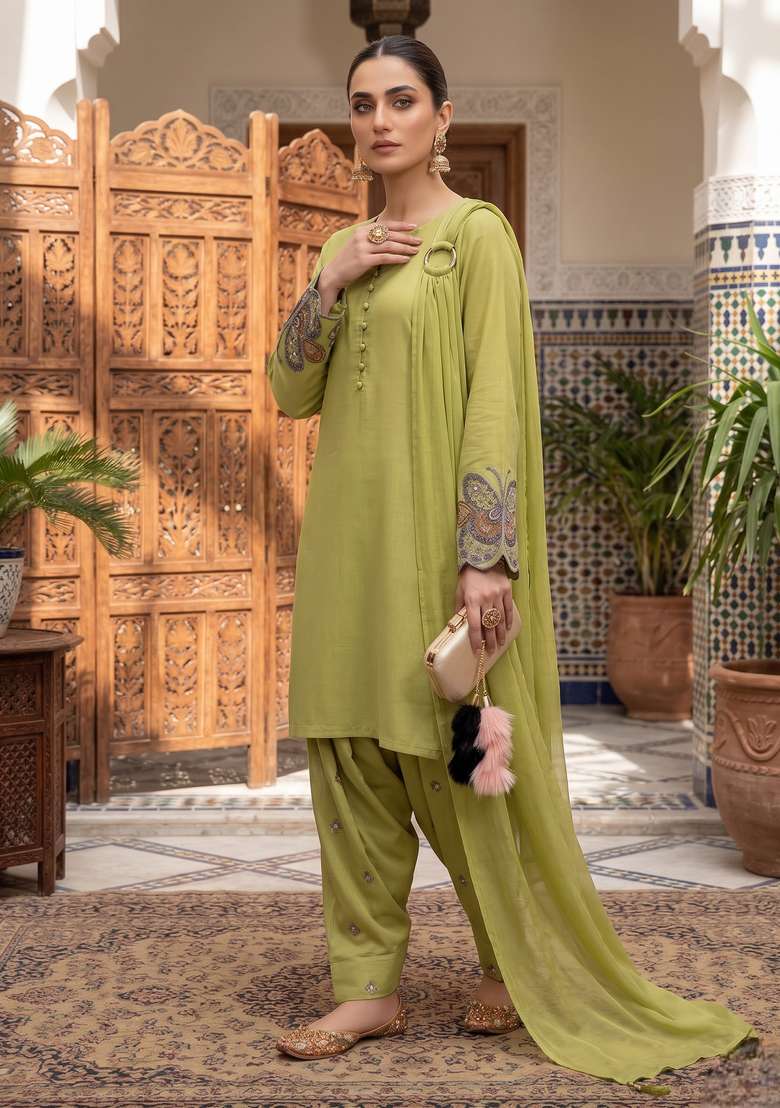 Light Olive Embroidery Cotton Sharara Set - Indya