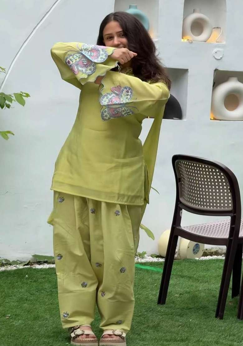 Light Olive Embroidery Cotton Sharara Set - Indya