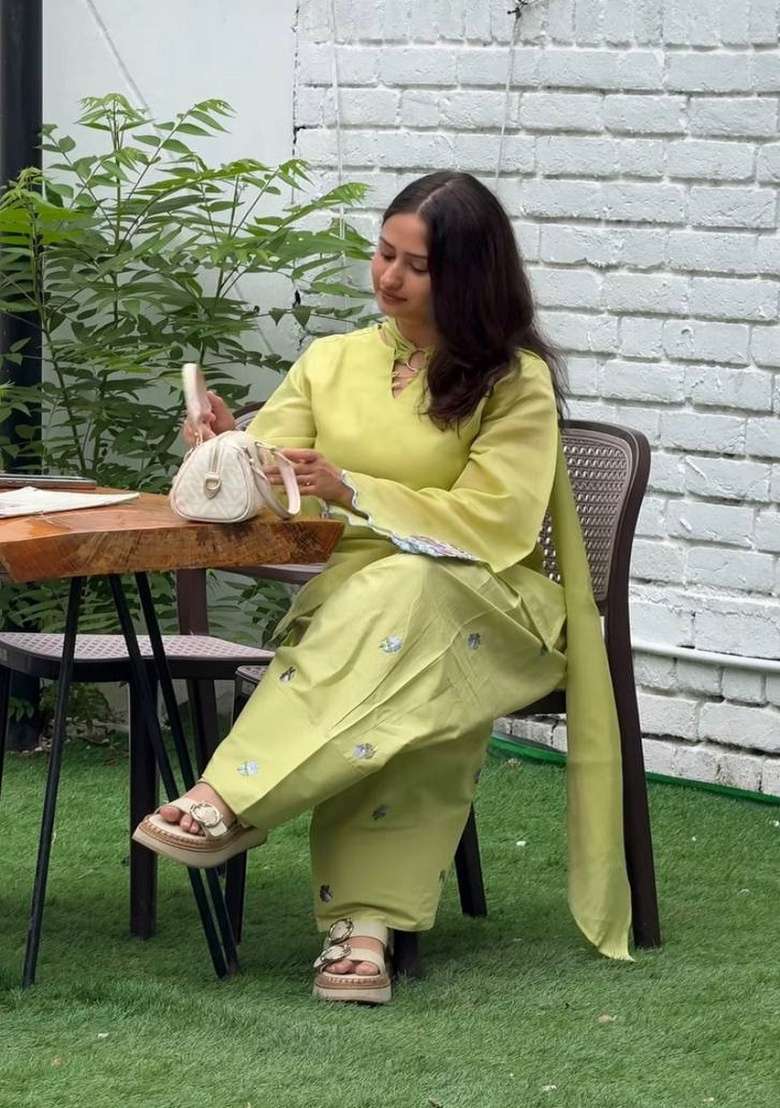 Light Olive Embroidery Cotton Sharara Set - Indya