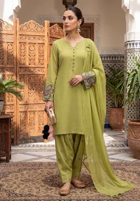 Light Olive Embroidery Cotton Sharara Set