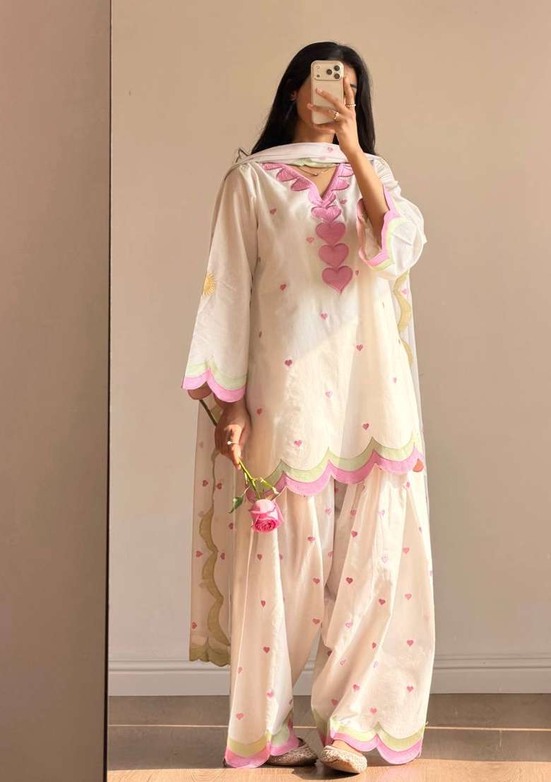 Off White Embroidery Cotton Sharara Set - Indya