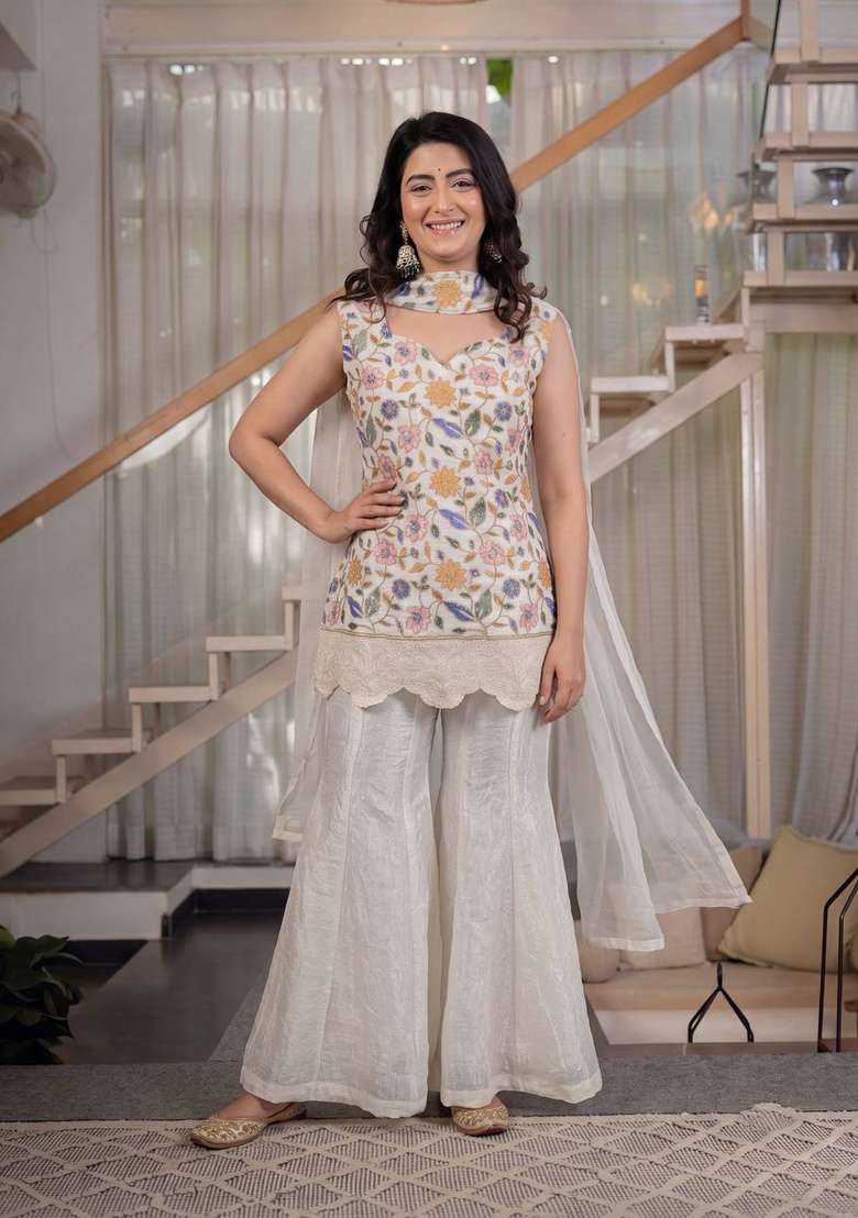 White Embroidery Silk Sharara Set - Indya