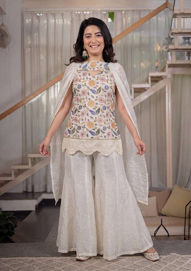 White Embroidery Silk Sharara Set - Indya