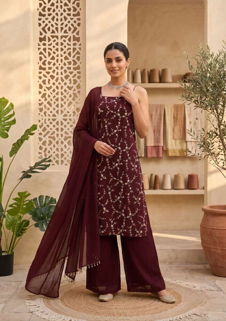 Wine Embroidery Georgette Sharara Set - Indya