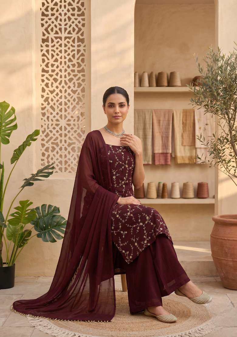 Wine Embroidery Georgette Sharara Set - Indya