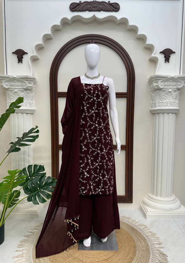 Wine Embroidery Georgette Sharara Set - Indya