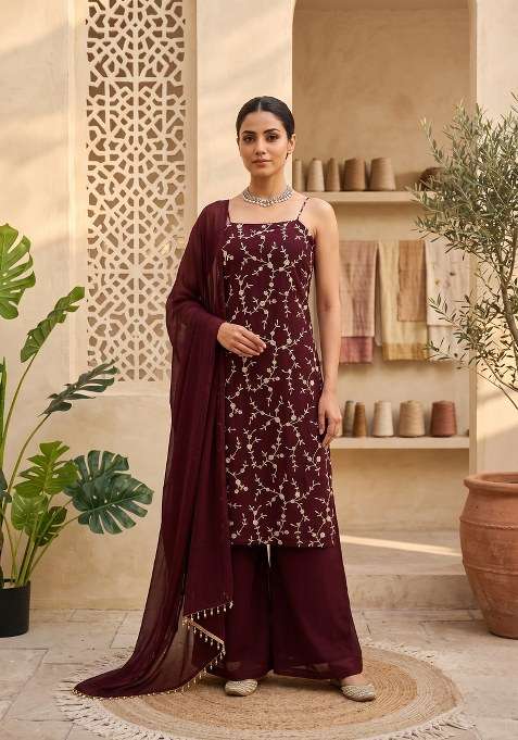 Wine Embroidery Georgette Sharara Set