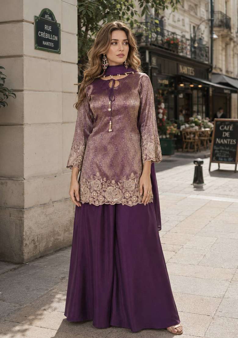 Purple Embroidered Silk Kurta Set - Indya