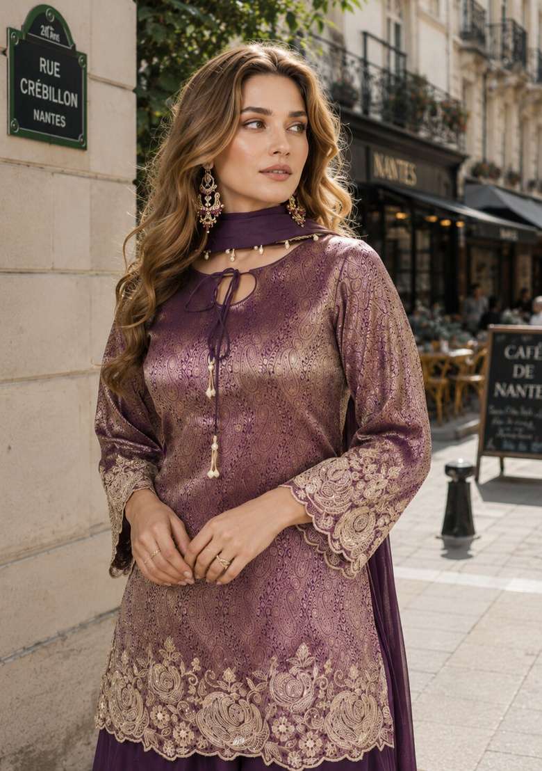 Purple Embroidered Silk Kurta Set - Indya