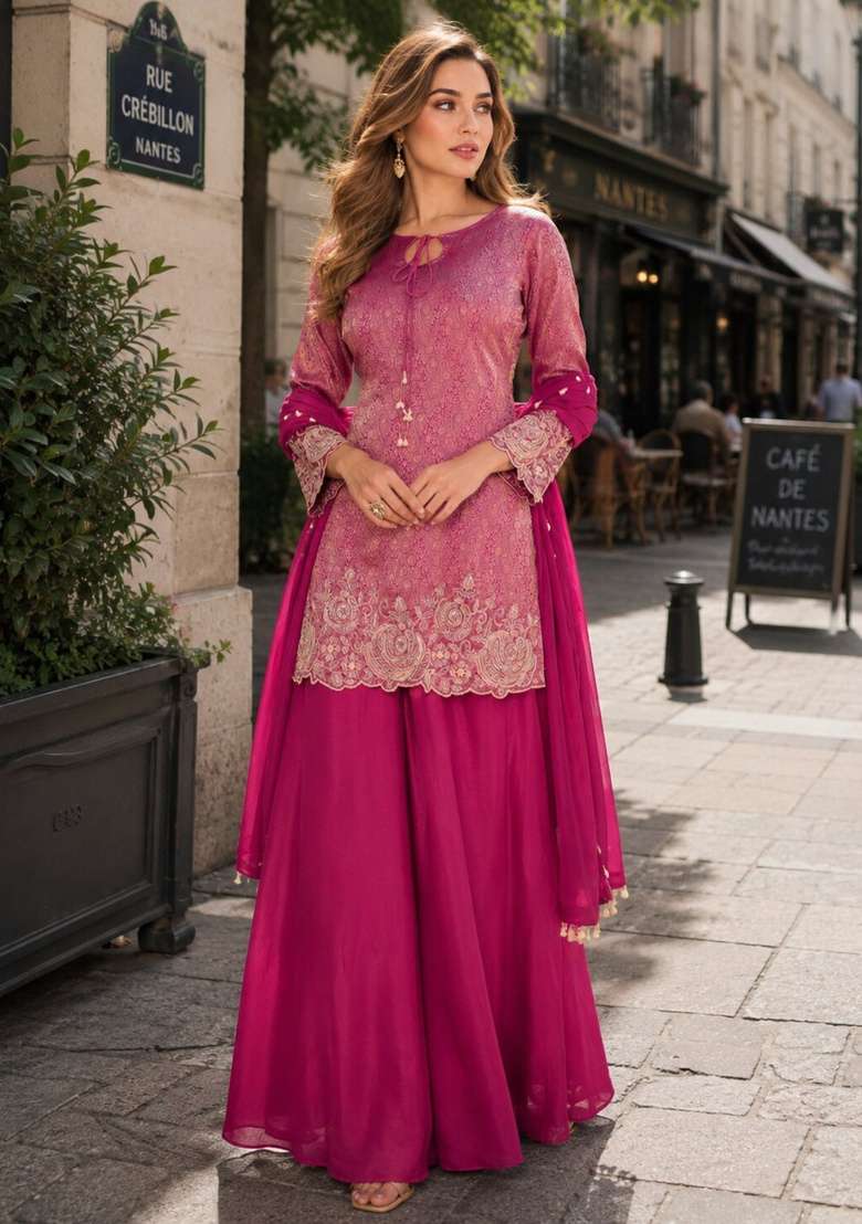 Magenta Embroidered Silk Kurta Set - Indya