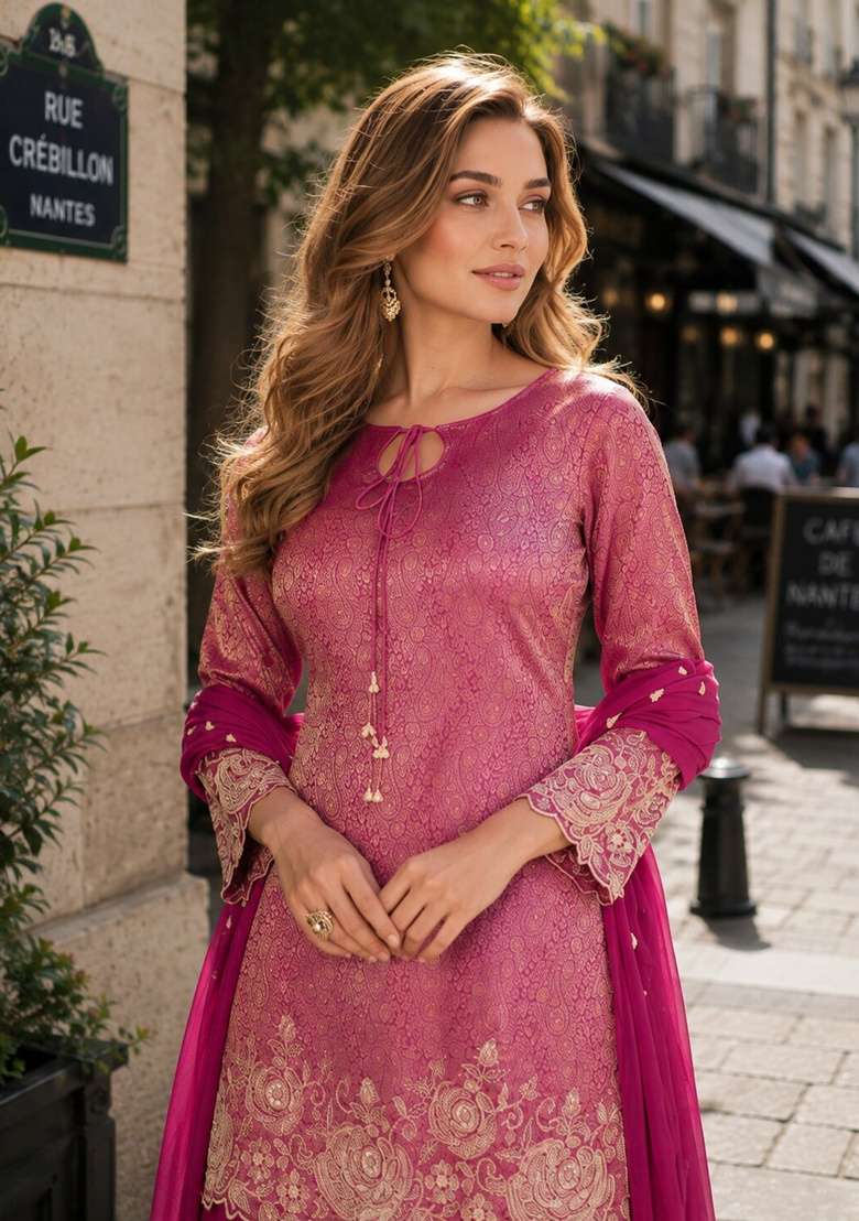 Magenta Embroidered Silk Kurta Set - Indya