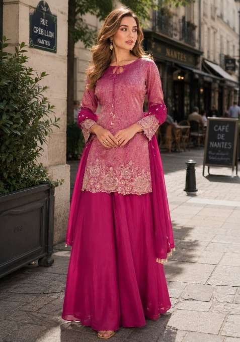 Magenta Embroidered Silk Kurta Set