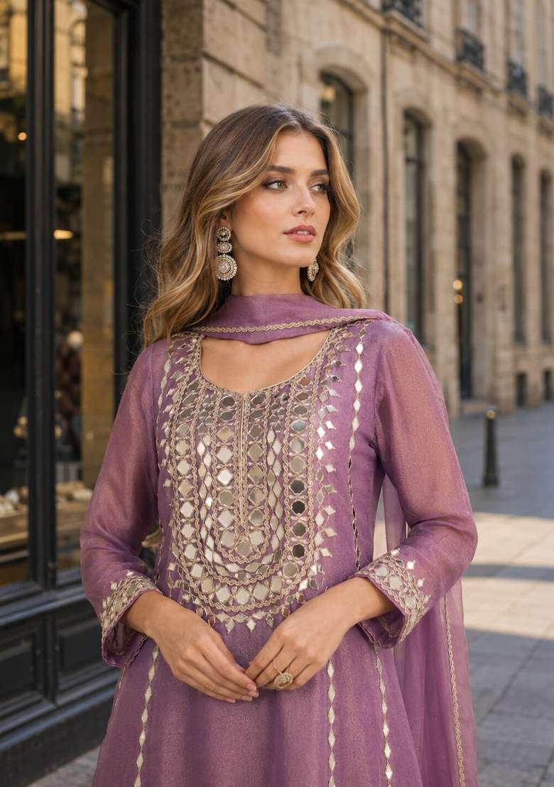 Lavender Embroidered Silk Kurta Set - Indya
