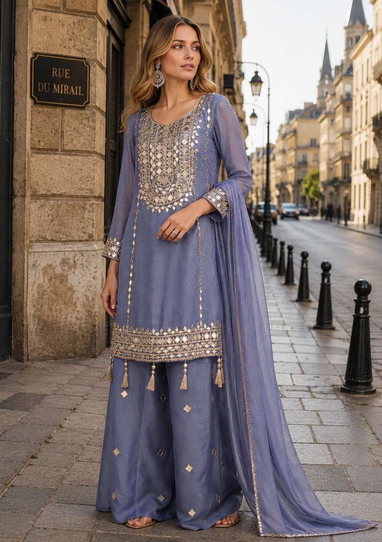 Blue Embroidered Silk Kurta Set - Indya