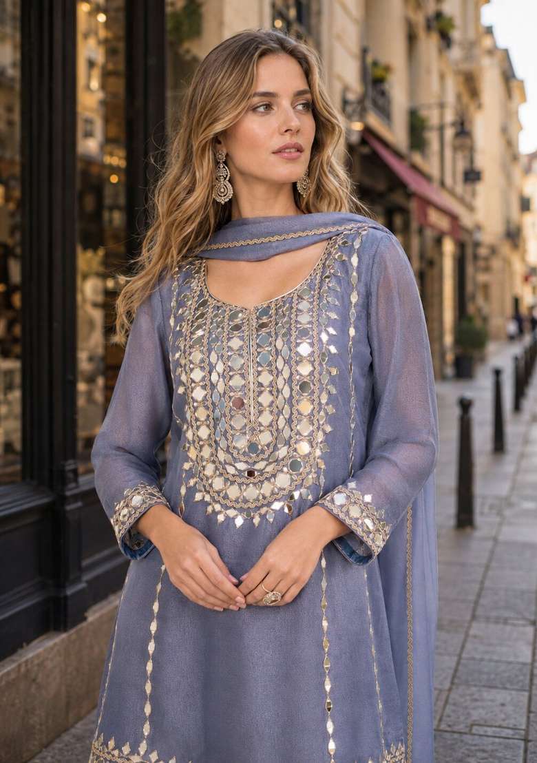 Blue Embroidered Silk Kurta Set - Indya