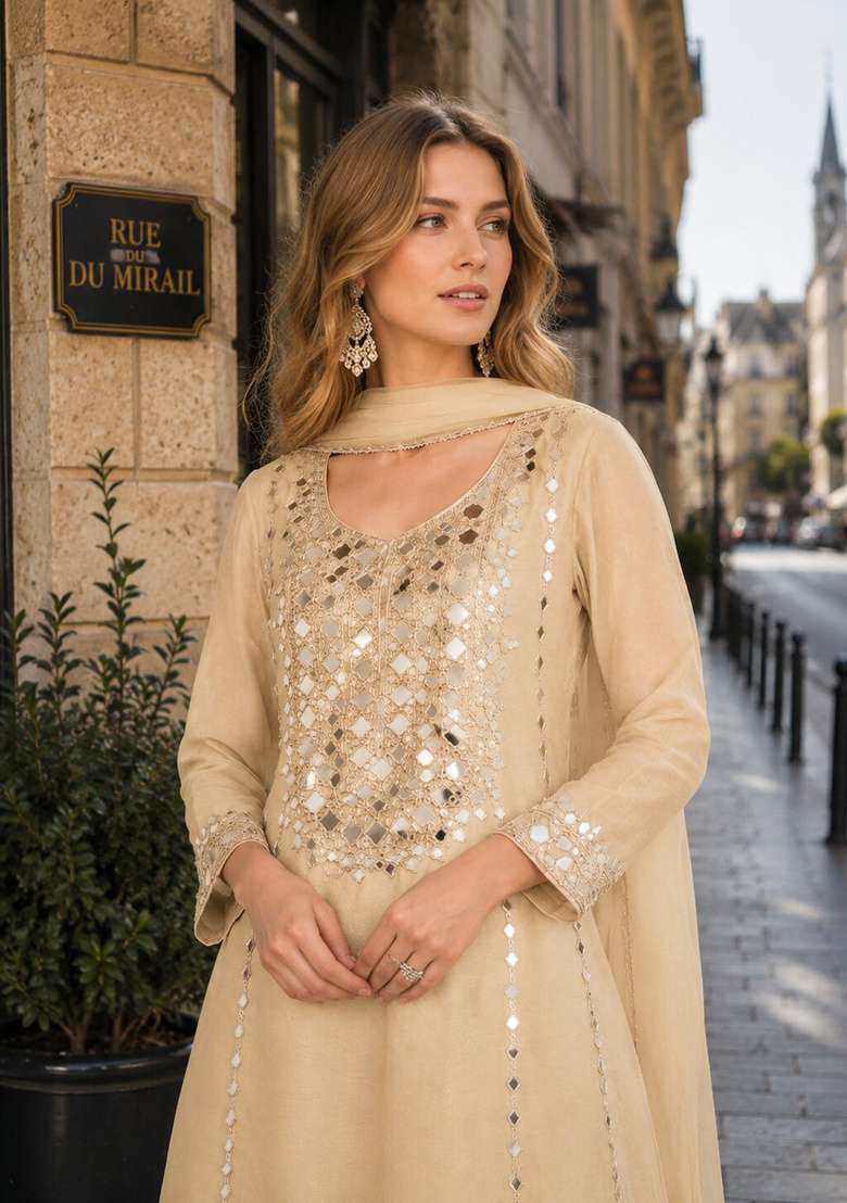 Beige Embroidered Silk Kurta Set - Indya