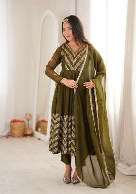 Green Embroidery Silk Anarkali Set