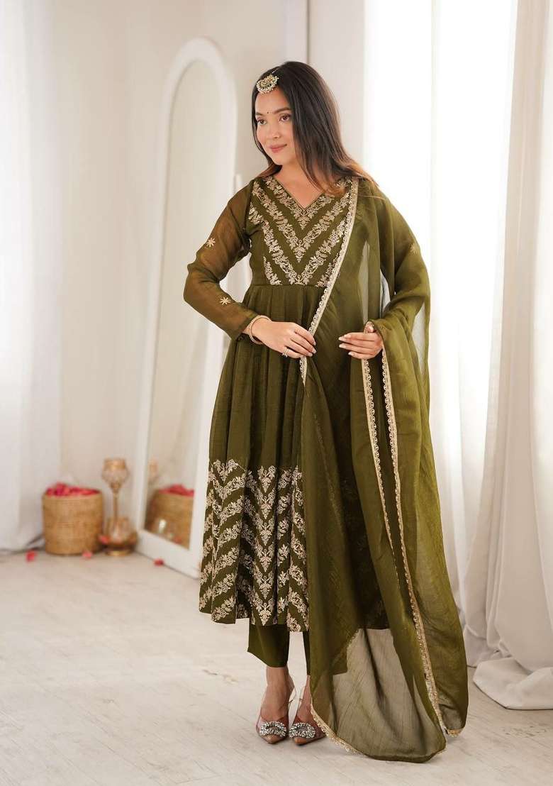 Green Embroidery Silk Anarkali Set - Indya