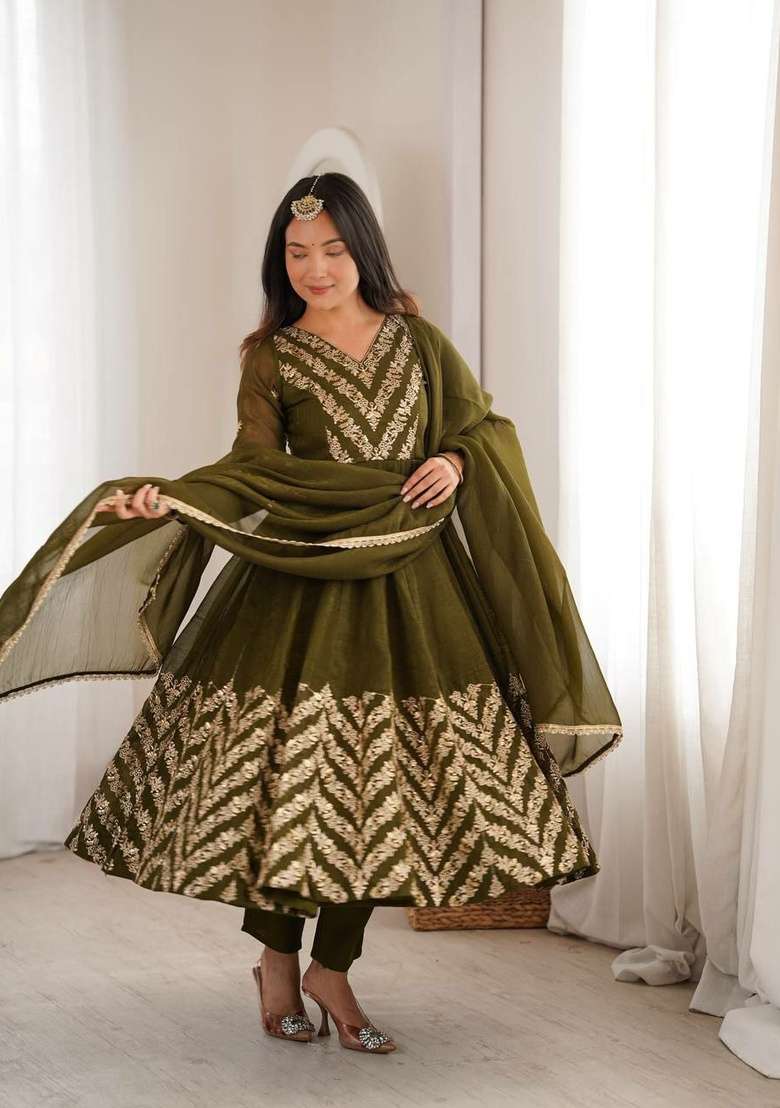 Green Embroidery Silk Anarkali Set - Indya