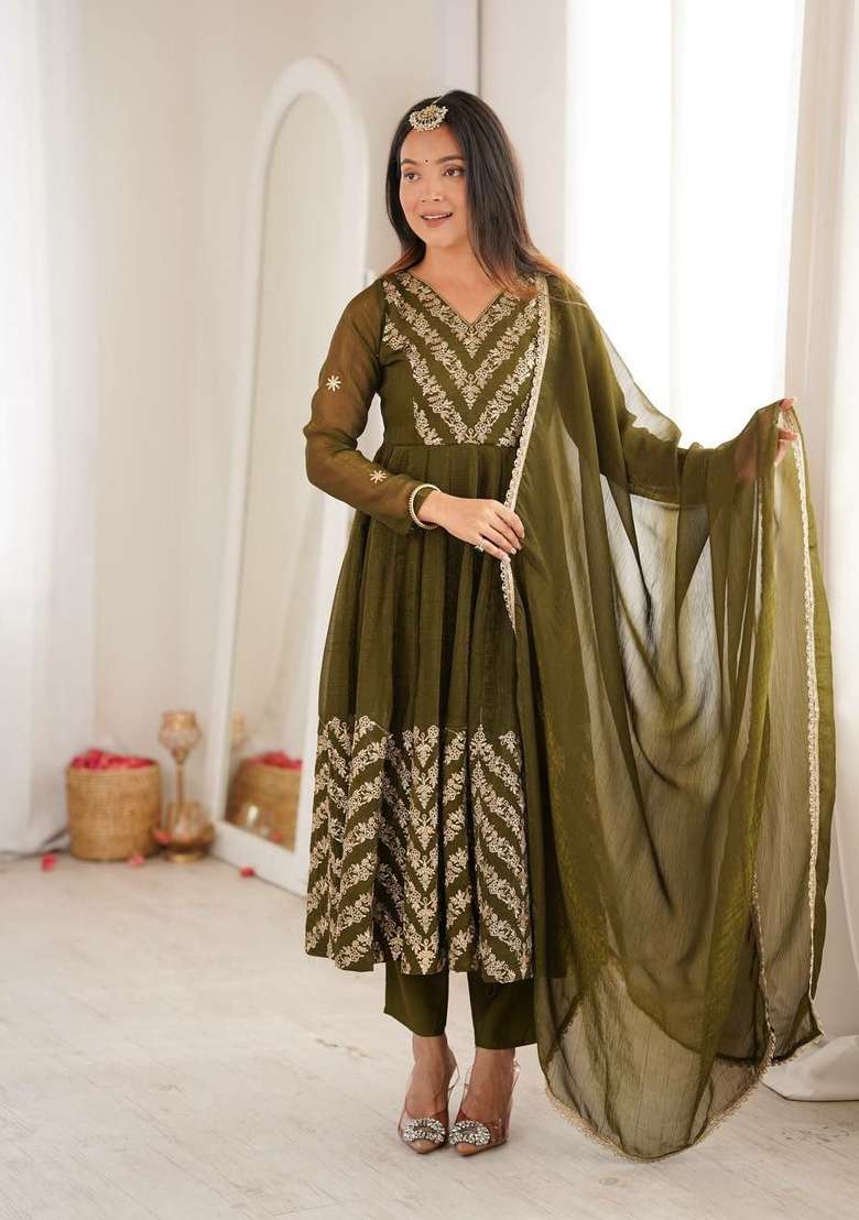 Green Embroidery Silk Anarkali Set - Indya