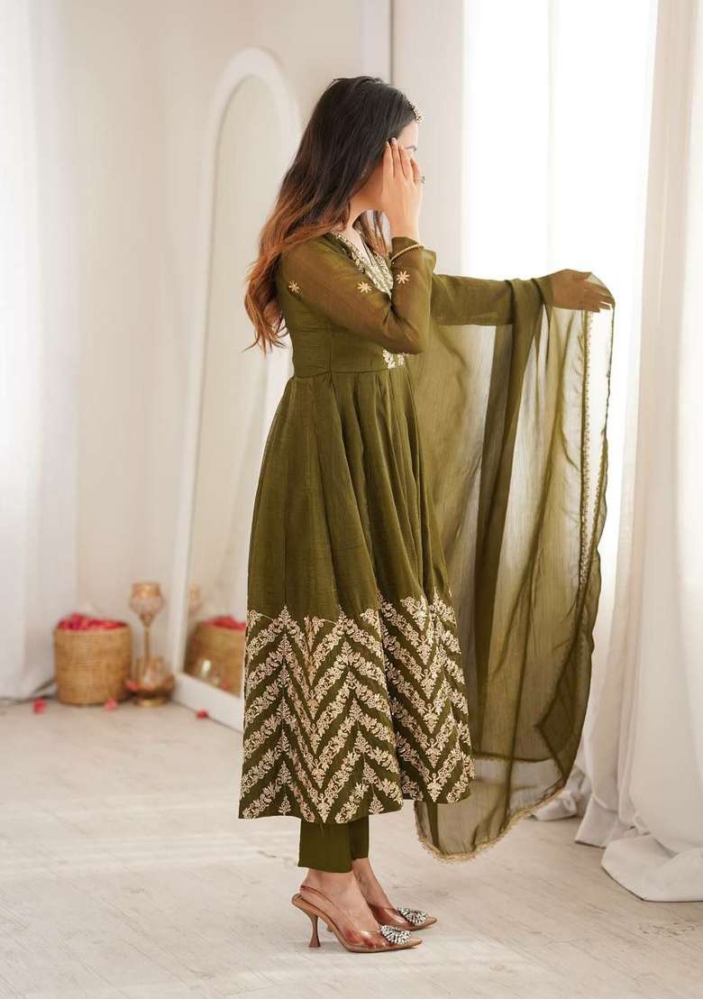 Green Embroidery Silk Anarkali Set - Indya