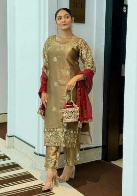 Olive Green Embroidery Silk Salwar Suit Set