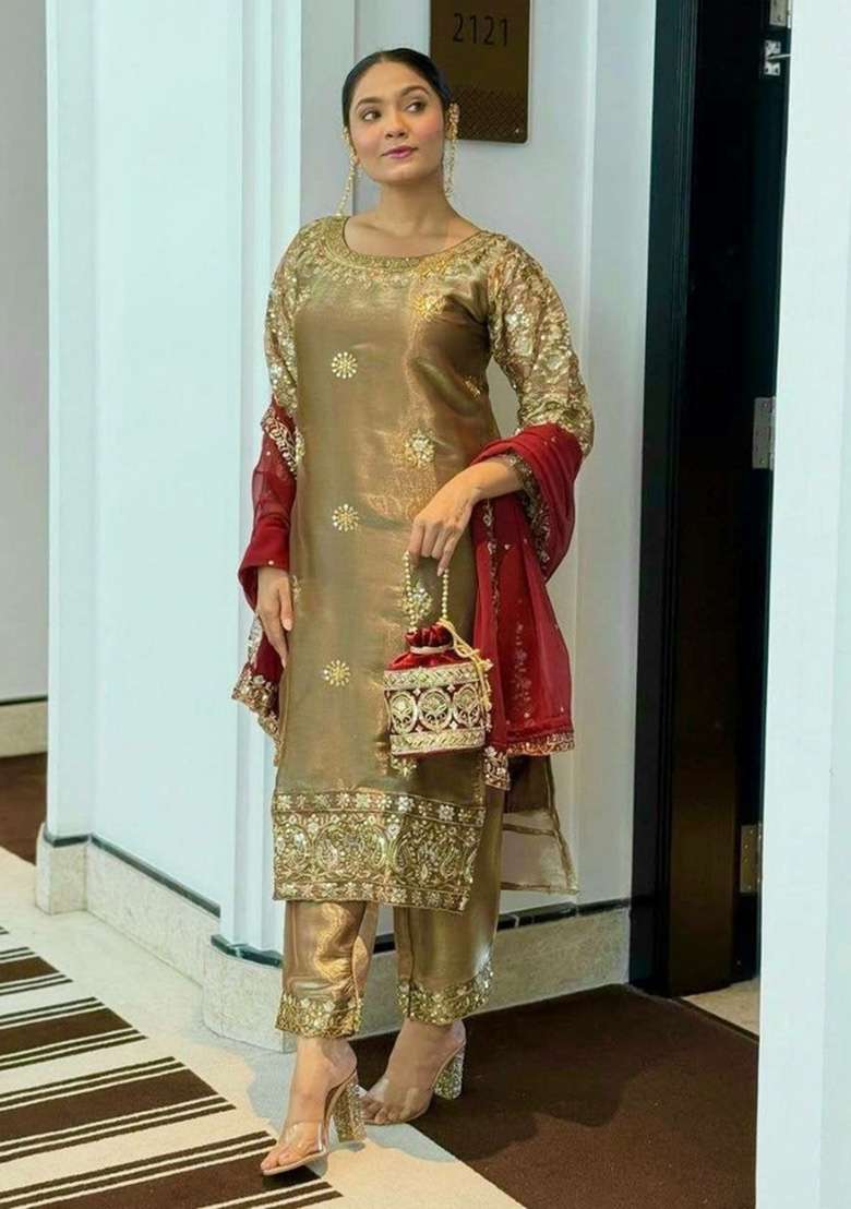 Olive Green Embroidery Silk Salwar Suit Set - Indya