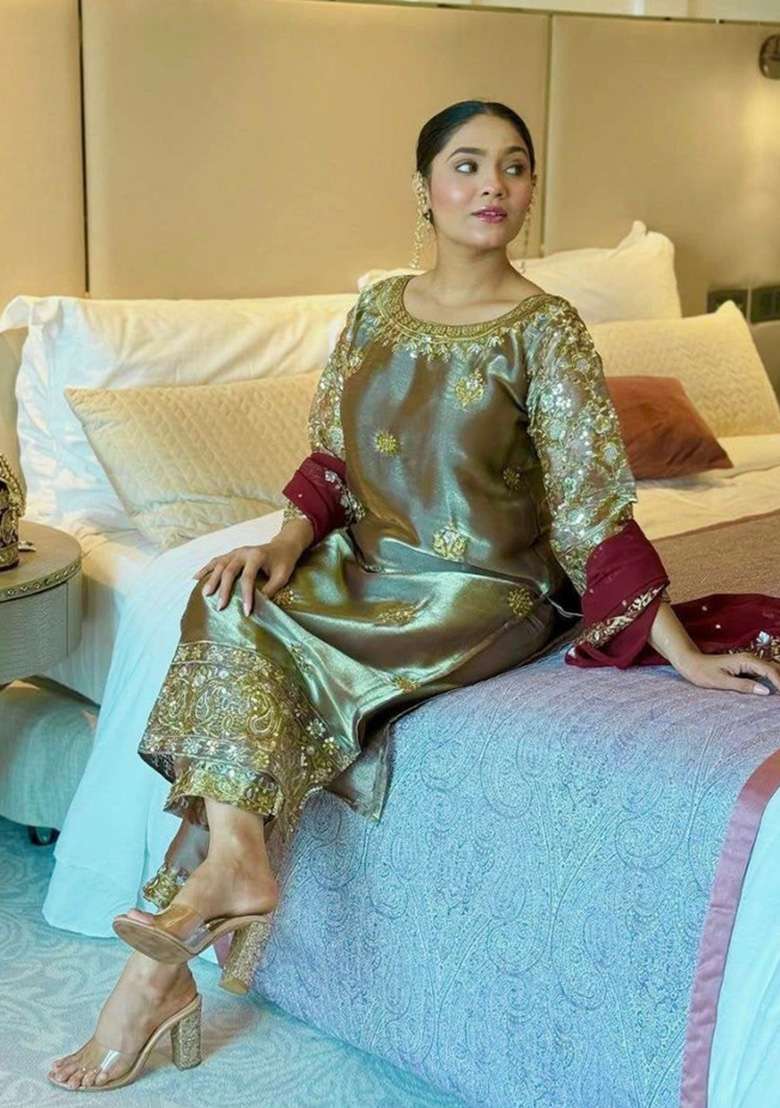 Olive Green Embroidery Silk Salwar Suit Set - Indya