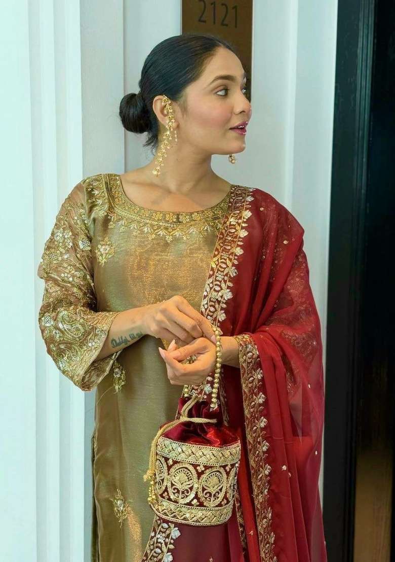 Olive Green Embroidery Silk Salwar Suit Set - Indya