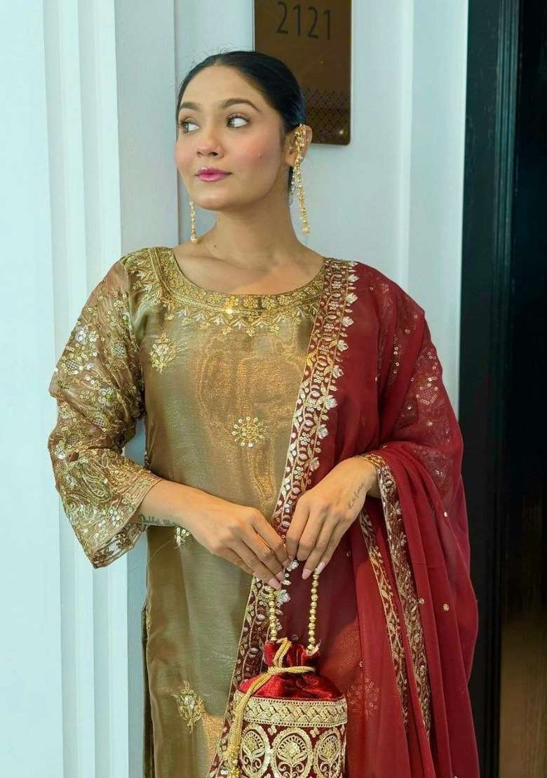 Olive Green Embroidery Silk Salwar Suit Set - Indya
