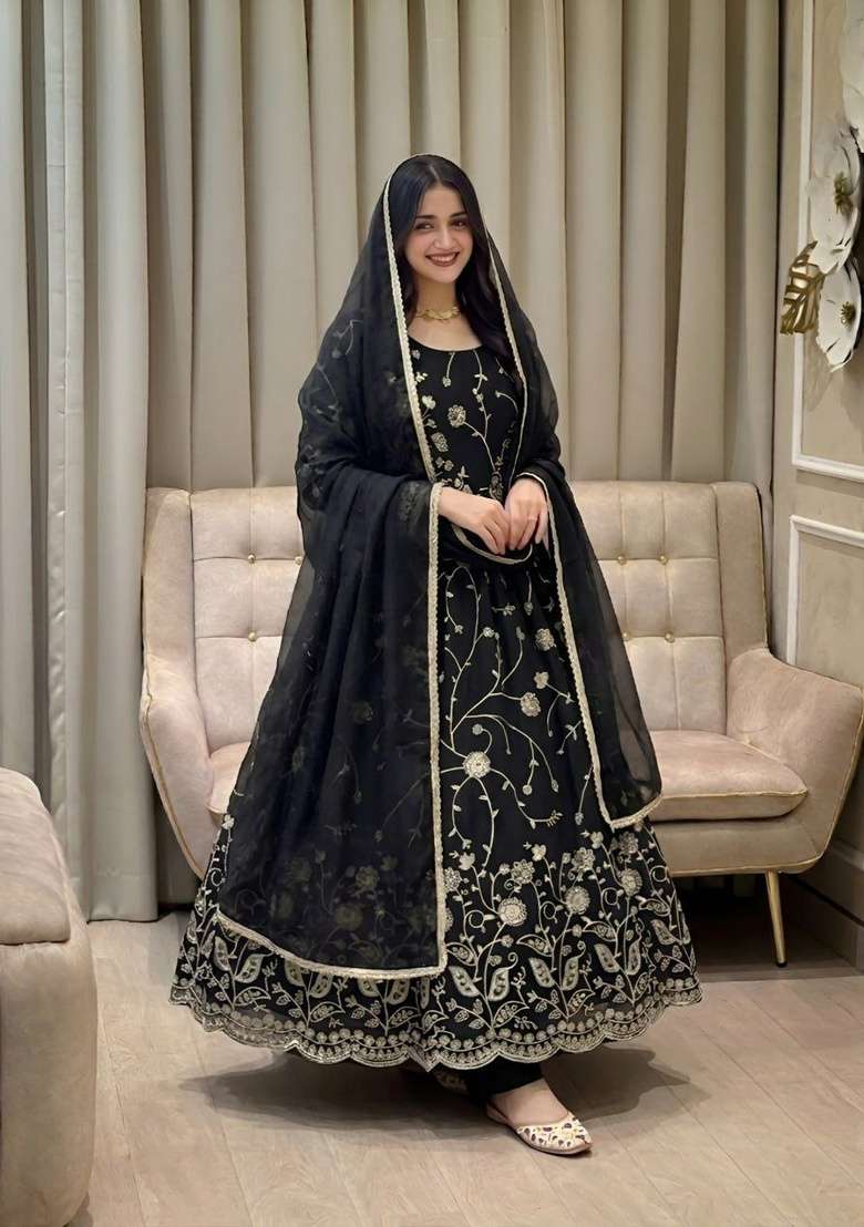 Black Embroidery Georgette Anarkali Set - Indya