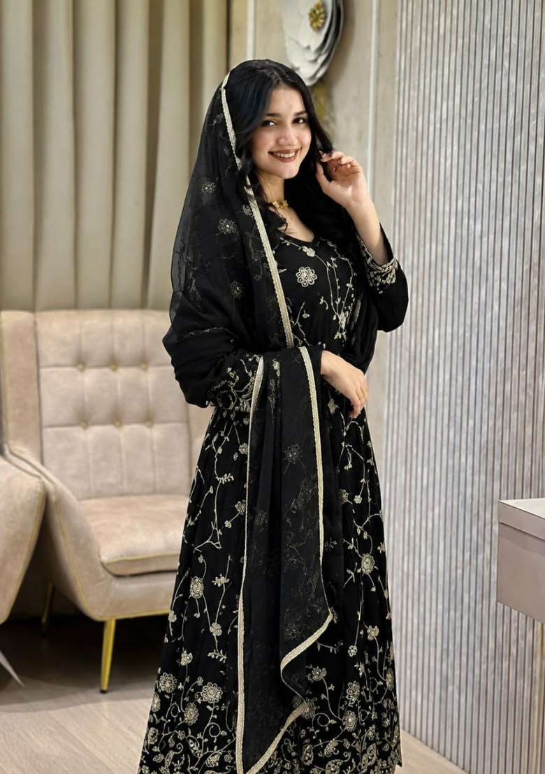 Black Embroidery Georgette Anarkali Set - Indya