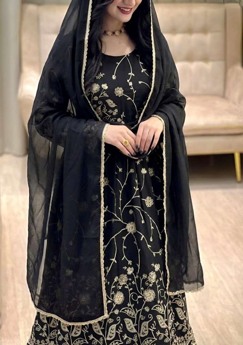 Black Embroidery Georgette Anarkali Set - Indya