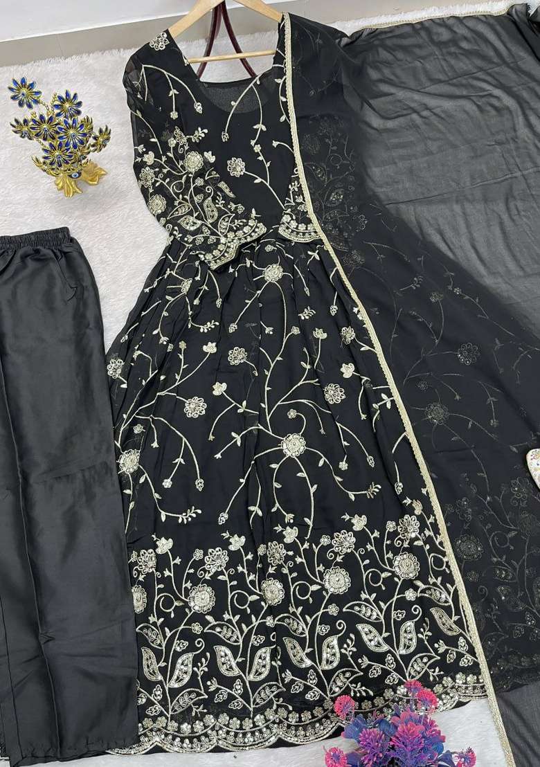 Black Embroidery Georgette Anarkali Set - Indya