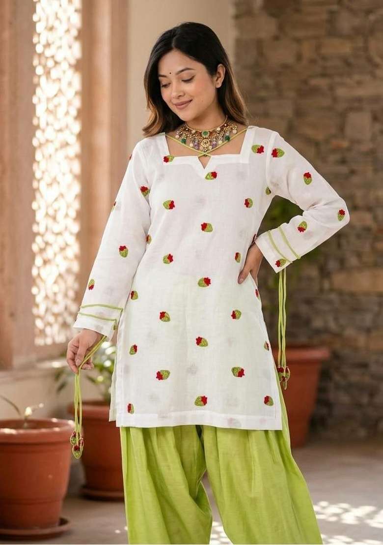 White Embroidery Cotton Salwar Suit Set - Indya