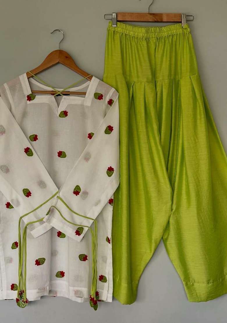 White Embroidery Cotton Salwar Suit Set - Indya
