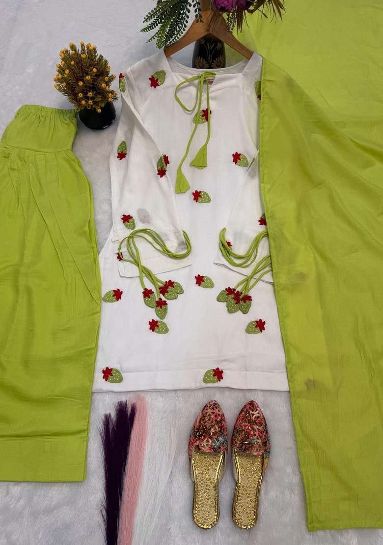 White Embroidery Cotton Salwar Suit Set - Indya