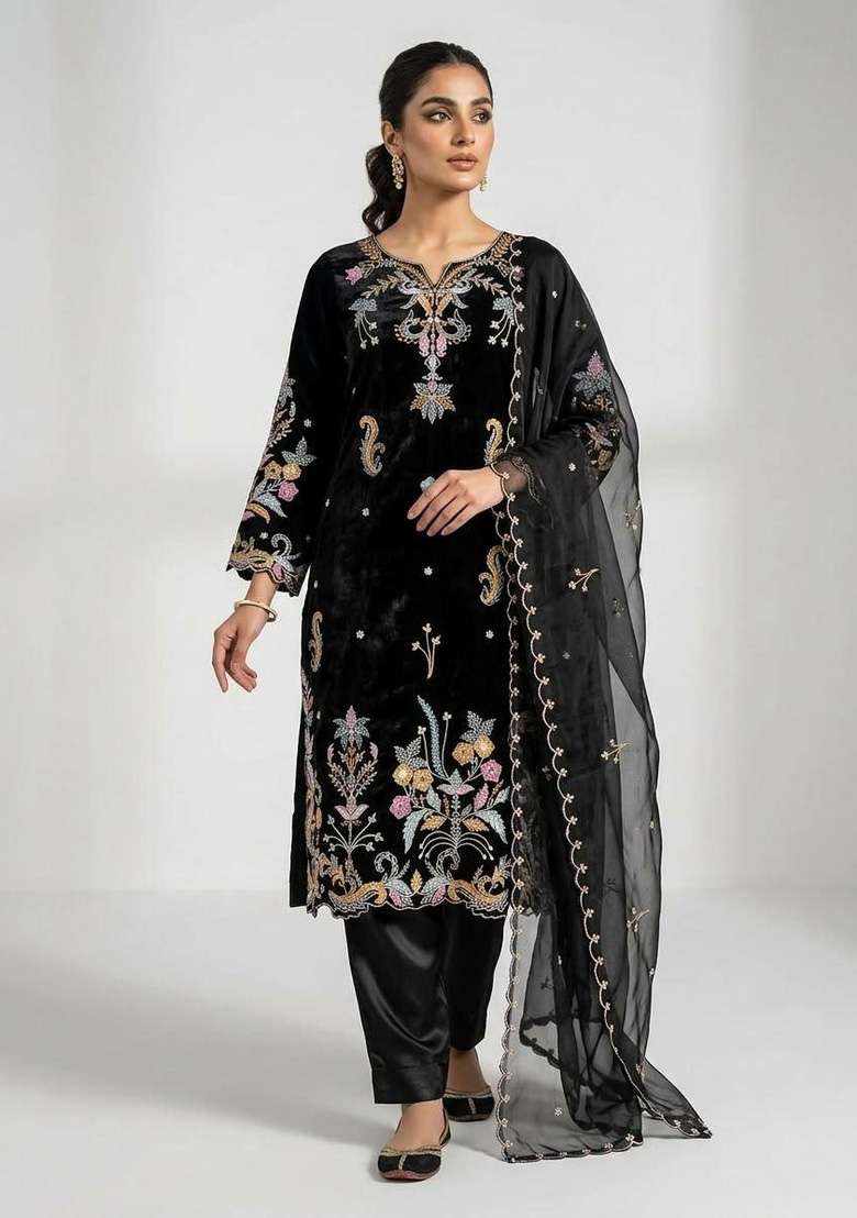Black Embroidery Silk Salwar Suit Set - Indya