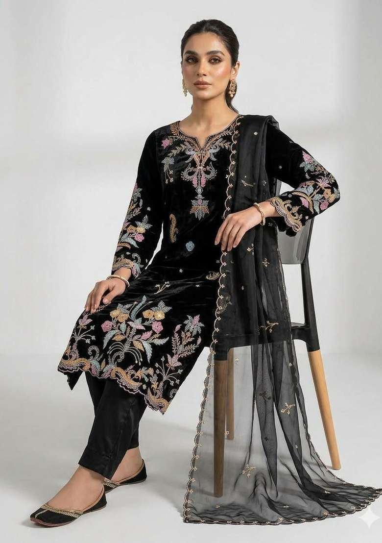 Black Embroidery Silk Salwar Suit Set - Indya