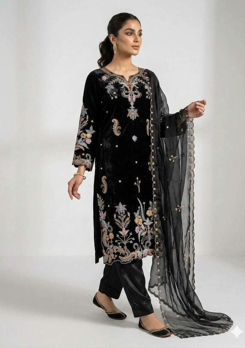 Black Embroidery Silk Salwar Suit Set - Indya