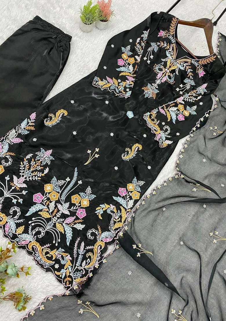 Black Embroidery Silk Salwar Suit Set - Indya