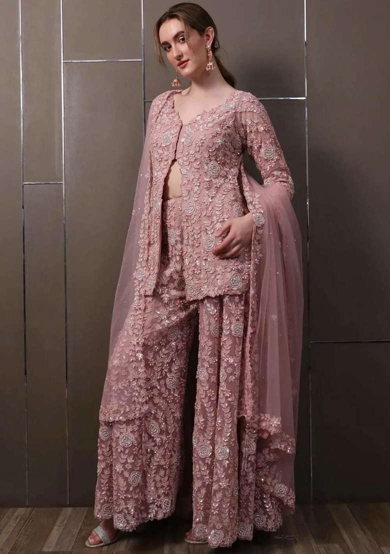 Pink Embroidery Georgette Salwar Suit Set - Indya